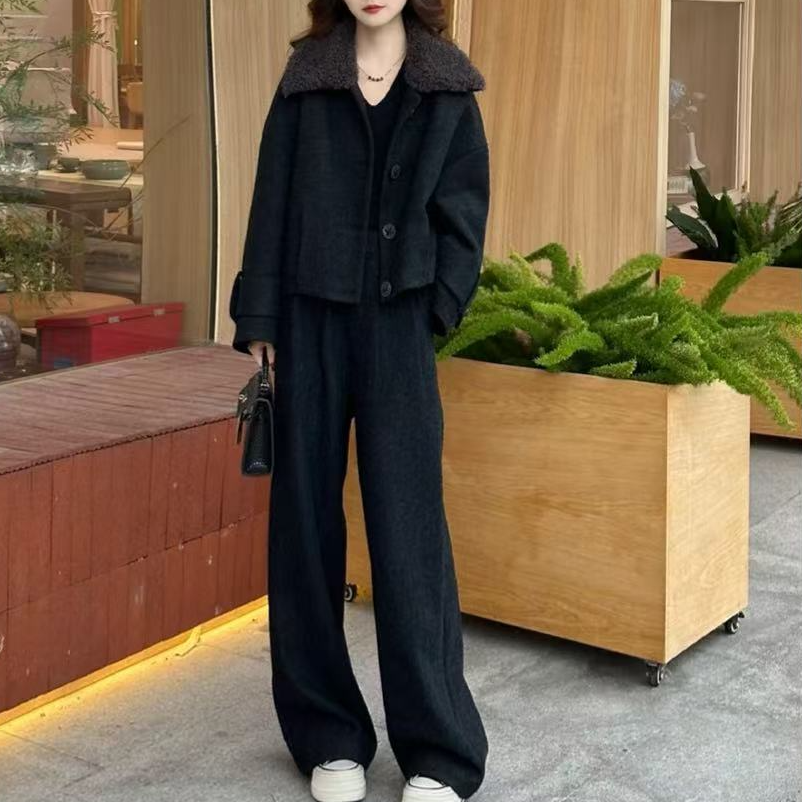 2025秋冬小个子大翻领短款外套女阔腿裤套装
