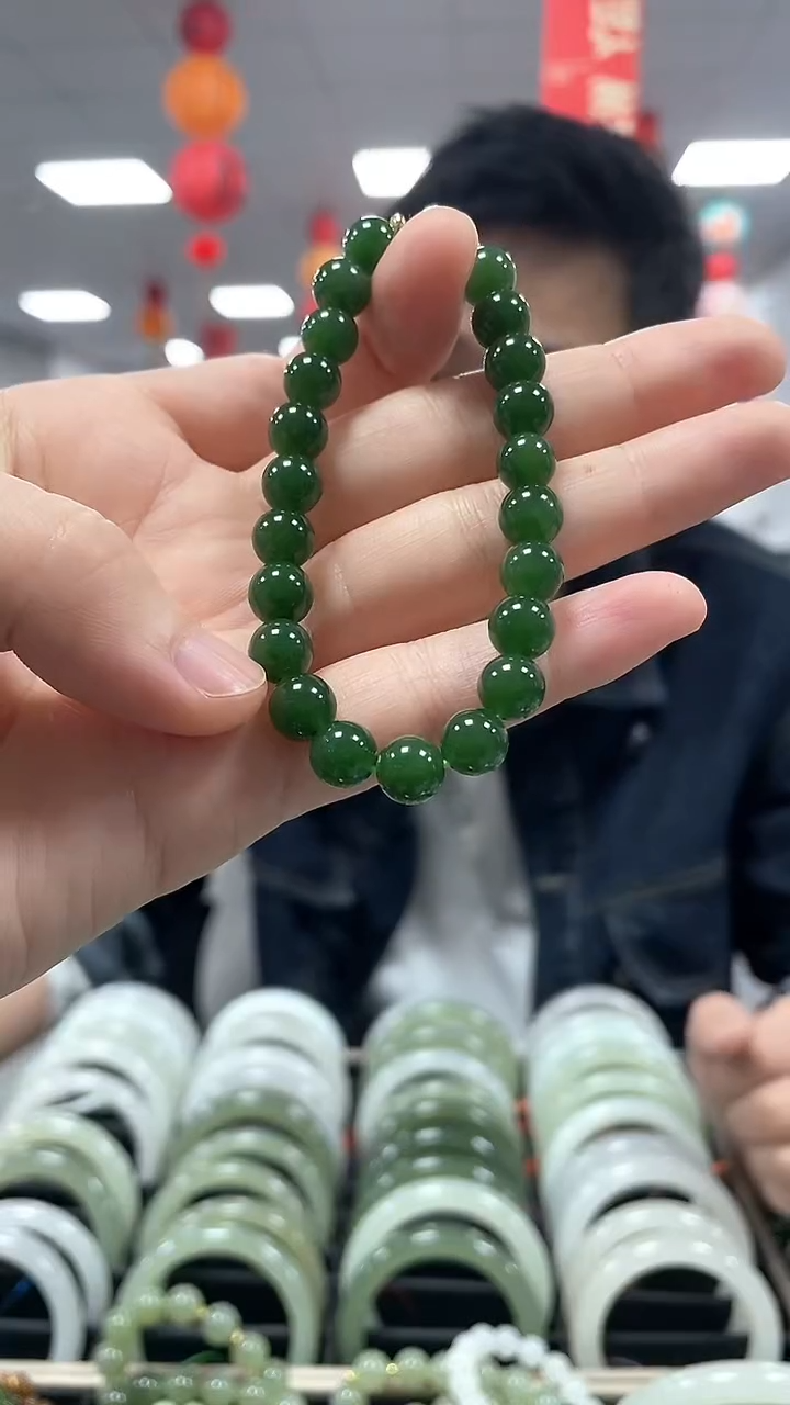 【闪购商品】和田玉手链未镶嵌碧玉菠菜绿卡8手串一条