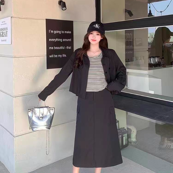 大码外套条纹背心半身裙工装三件套百搭显瘦梨型大码女装2025新款