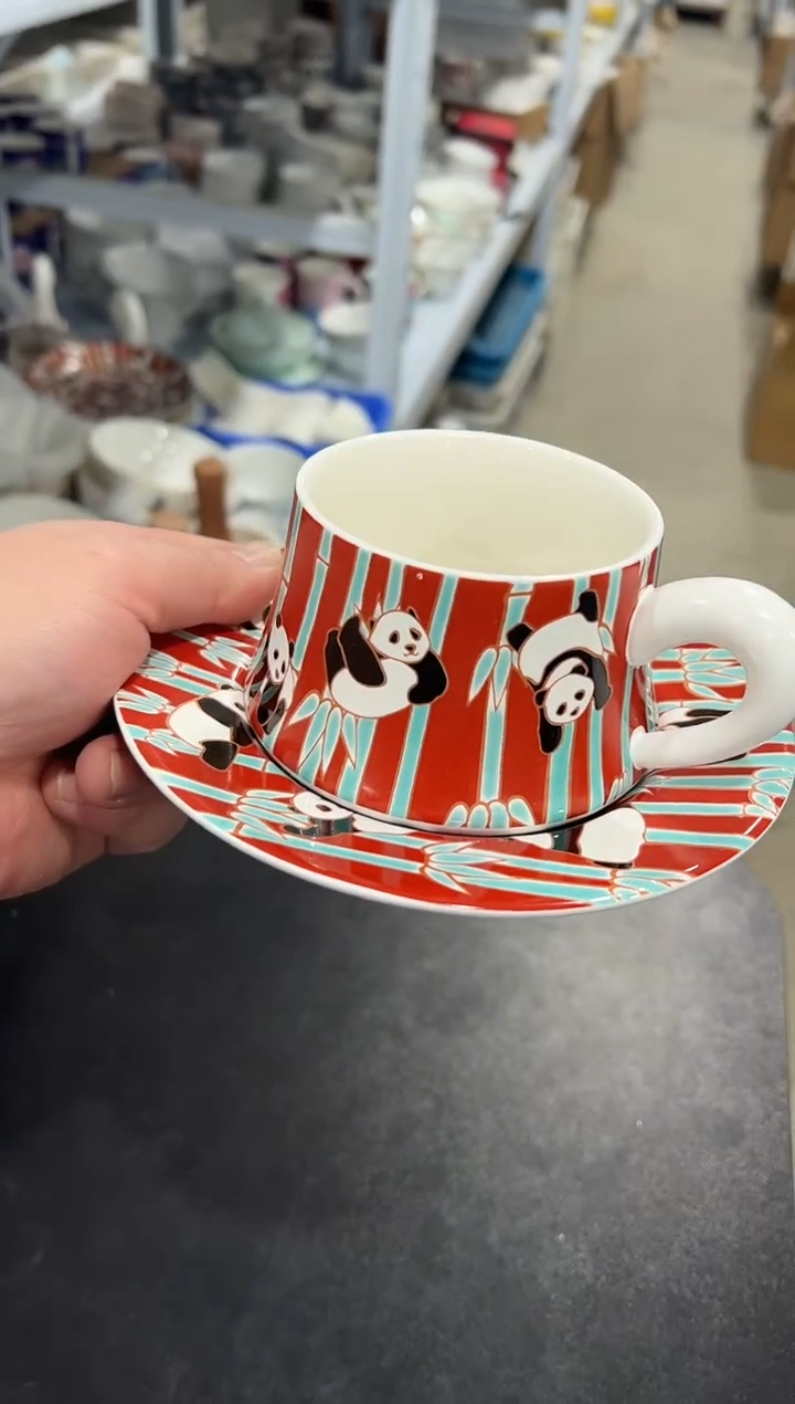 杯子骨瓷（原盒）熊猫咖啡杯碟一套+骨瓷咖啡勺