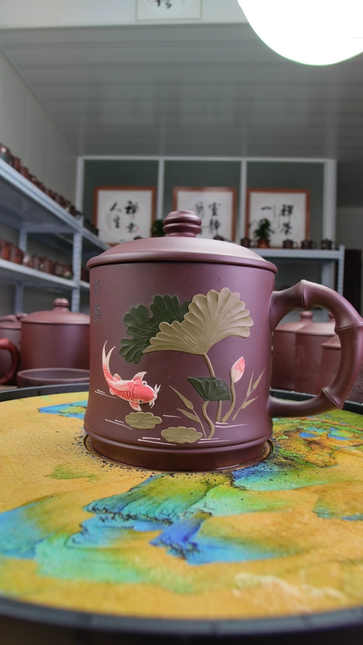 茶杯紫砂手工泥绘荷花彩色金鱼竹节杯