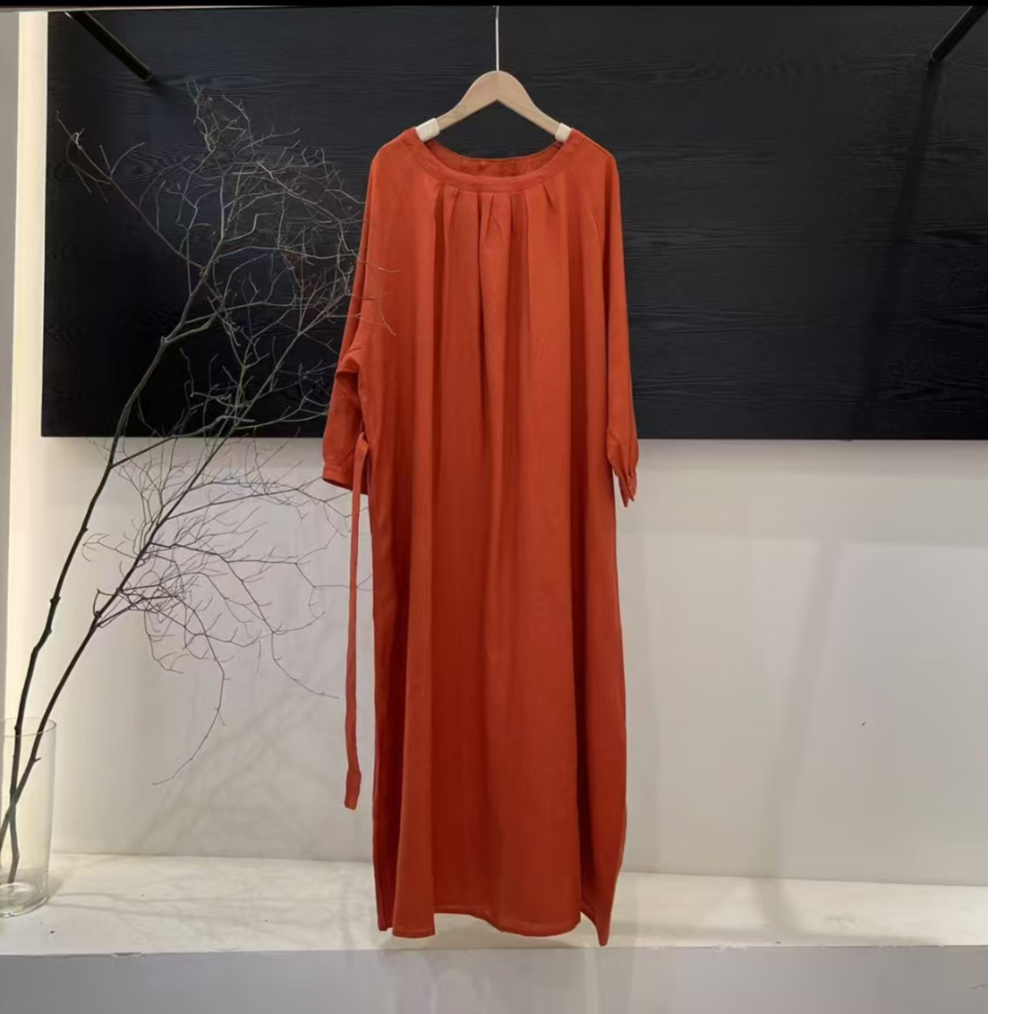 亚麻春夏系带长款裙袍（衣长122，穿到180）百搭时尚气质设计师圆领