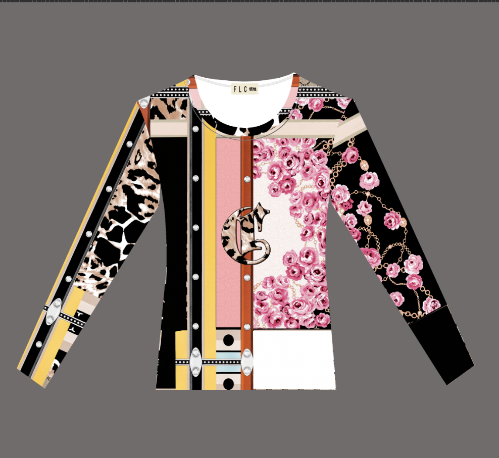 欧美8836女士印花字母圆领款拼接T恤个性满印女款秋冬