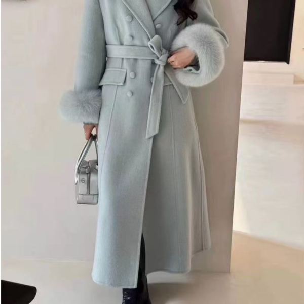 【许妍穿搭】纯色长款狐狸毛羊毛大衣长款韩系收腰款气质风#6021