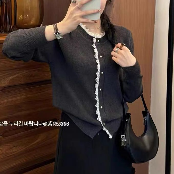 【深冬灰】3874开衫外套超柔软高品质圆领蕾丝花边上衣