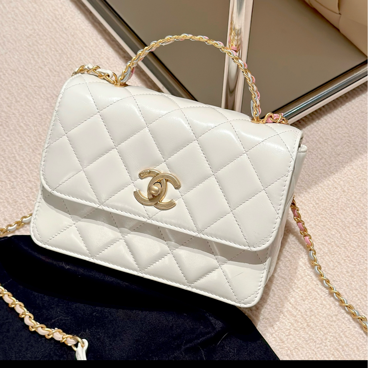 99新 Chanel/香奈儿 小花姑姑437728彩虹手柄口盖包 白色金扣