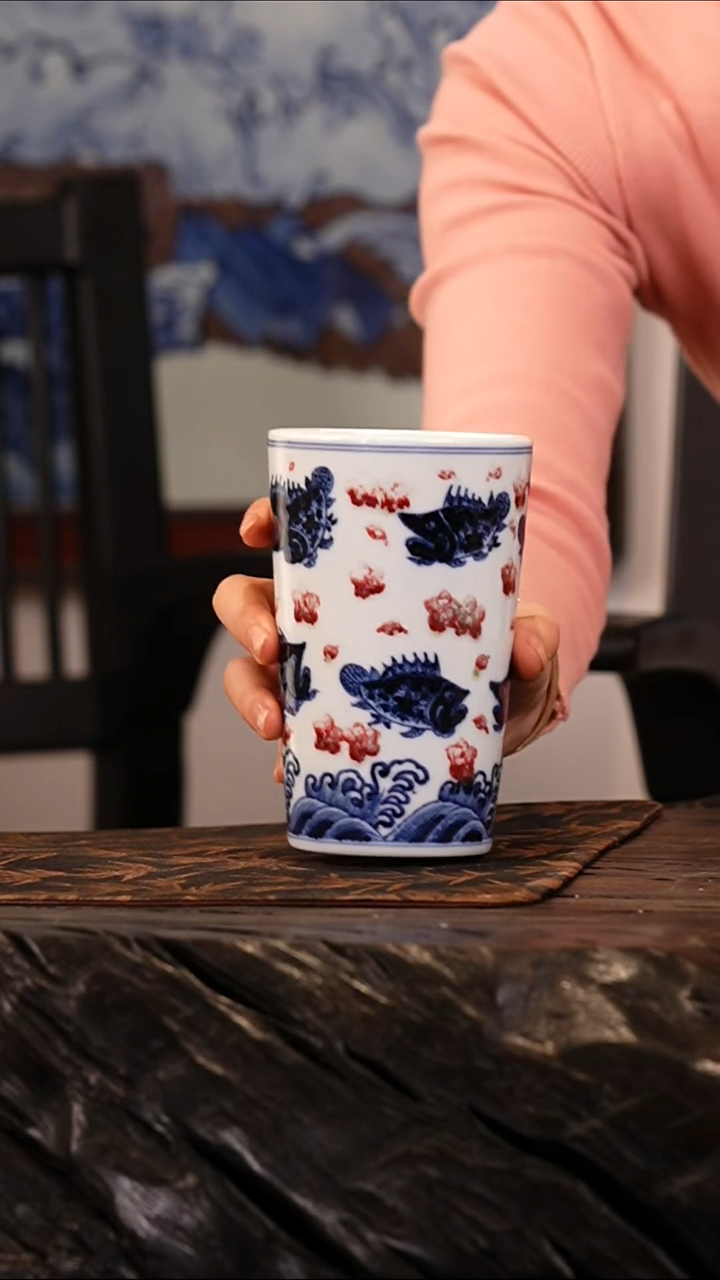 瓷瓷姑娘玥宝斋青花釉里红可乐杯