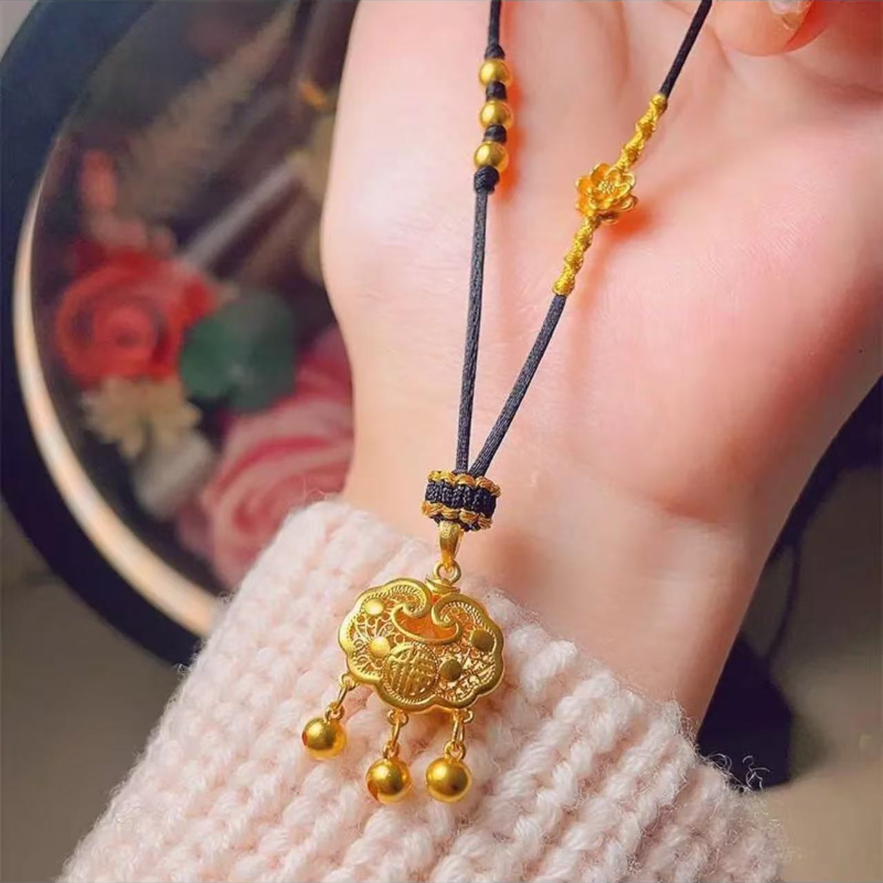【品牌严选】黄金平安锁足金钻云珠莲花长命锁