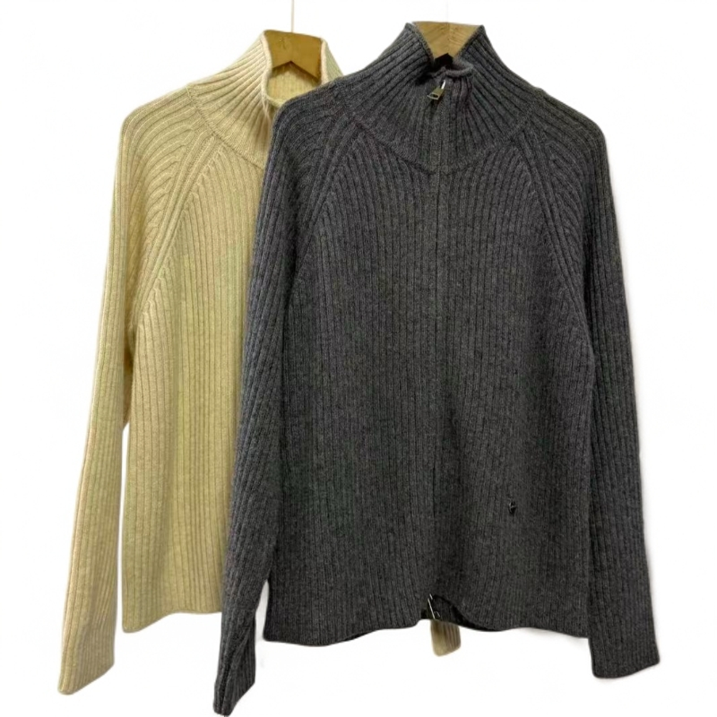 艳儿家【秋冬高端羊绒针织拉链开衫】插肩坑条时尚保暖百搭开衫高端