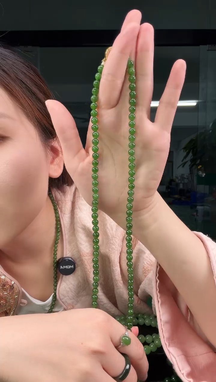 项链未镶嵌和田玉碧玉6mm高阶菠菜绿项链