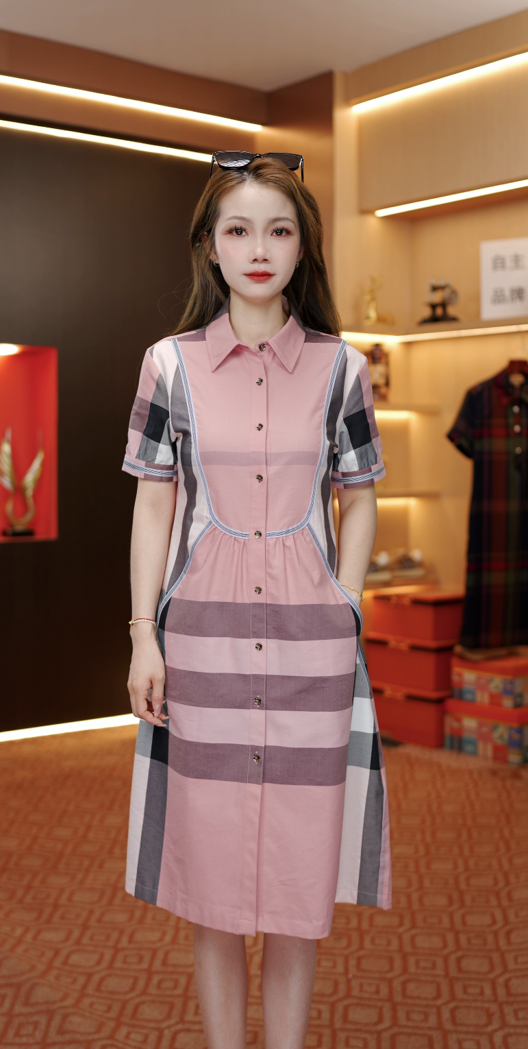 长款显瘦POLO领高腰翻领法式时尚格子连衣裙中长裙拼接休闲