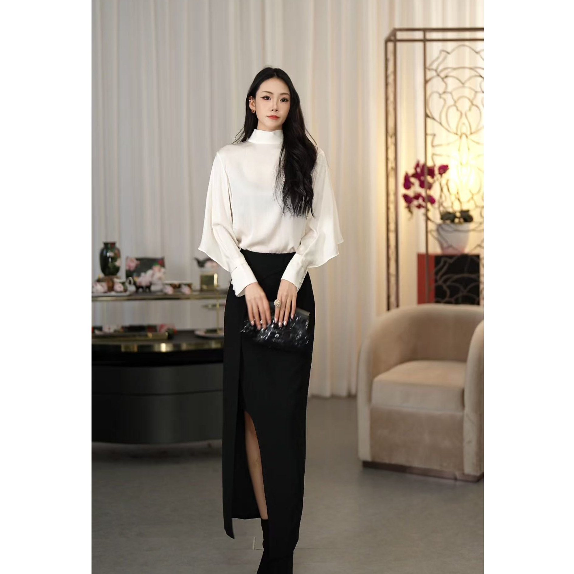 SUSSI古色丨“斜棱暗飒裙”法式青衣黑色百搭开叉包臀半身裙女