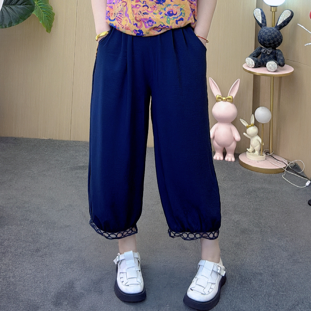 2025夏季新款休闲裤灯笼裤拼接蕾丝边洋气时尚复古宽松薄款86857