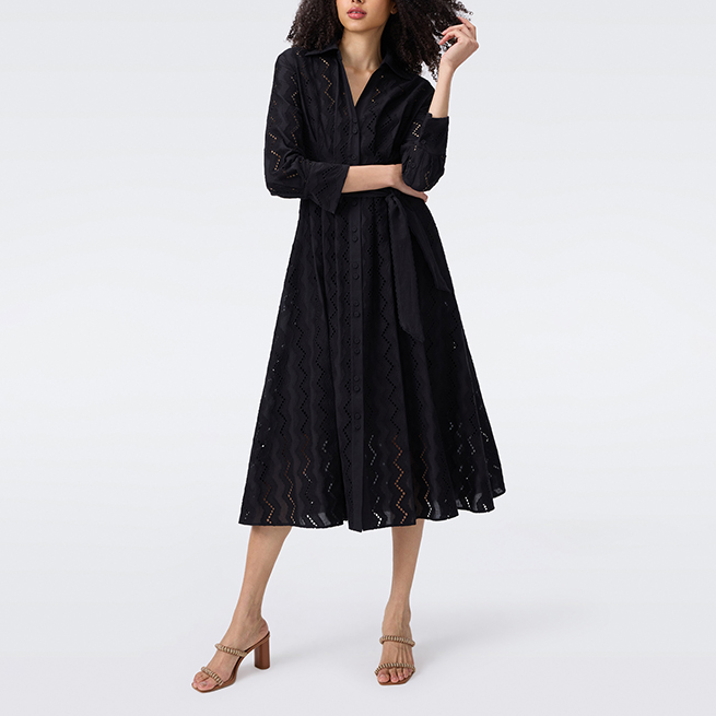 葭恩DF25新款曜石黑蕾丝网眼连衣裙0956