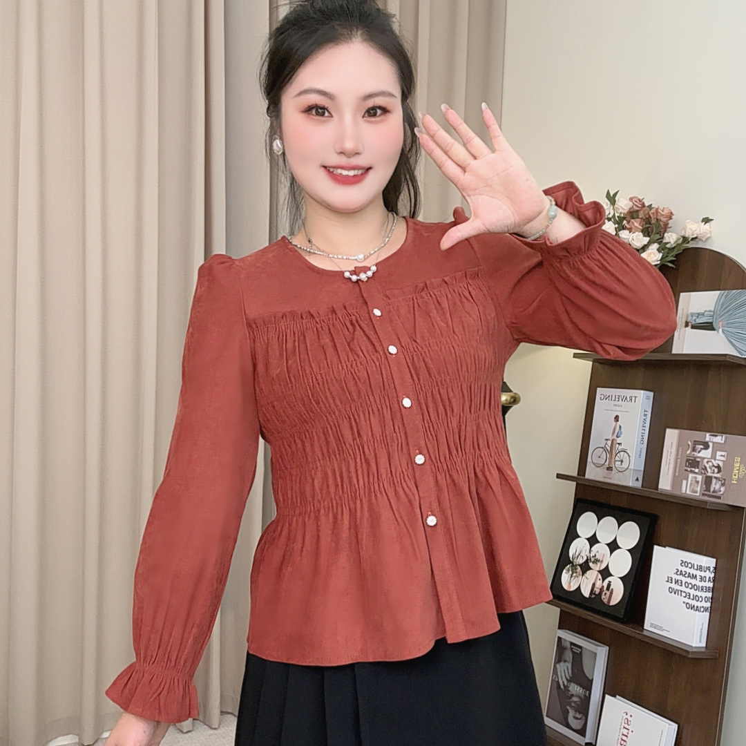 大码女装2025秋季胖妹妹法式圆领收腰显瘦百搭长袖别致上衣