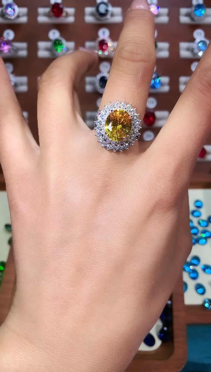 无925银满火彩金丝雀黄色戒指