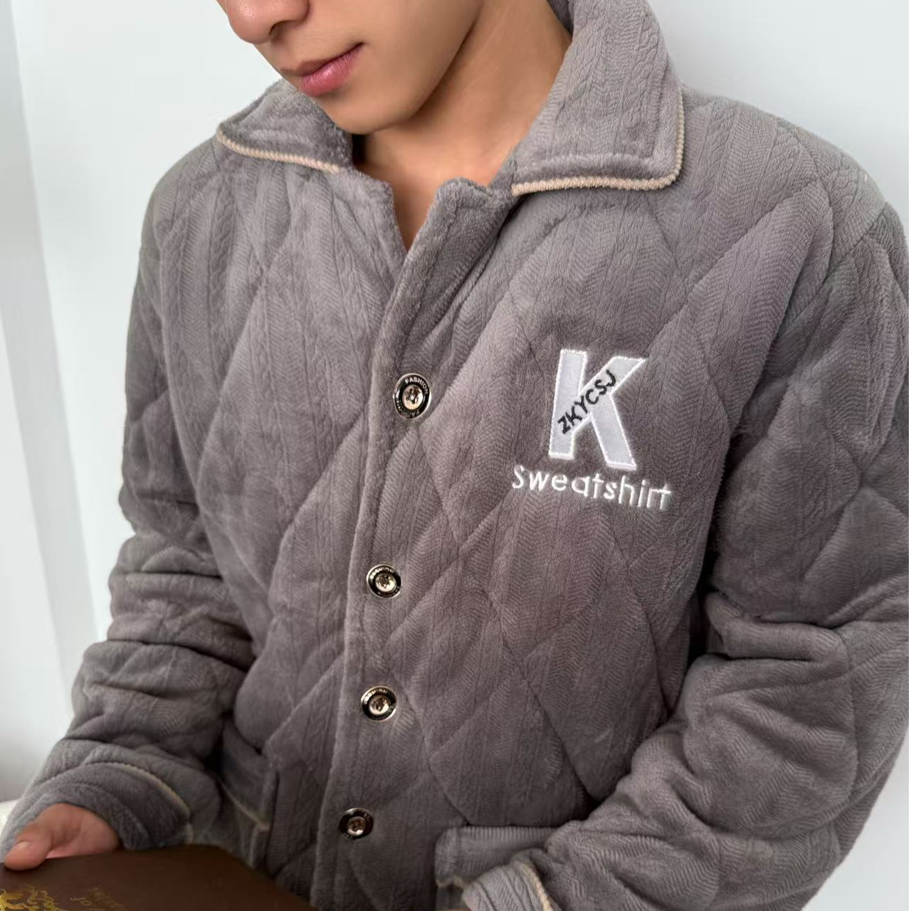 【0244 纽扣K】保暖加厚三层夹棉翻领家居服套装男款睡衣冬季纯色