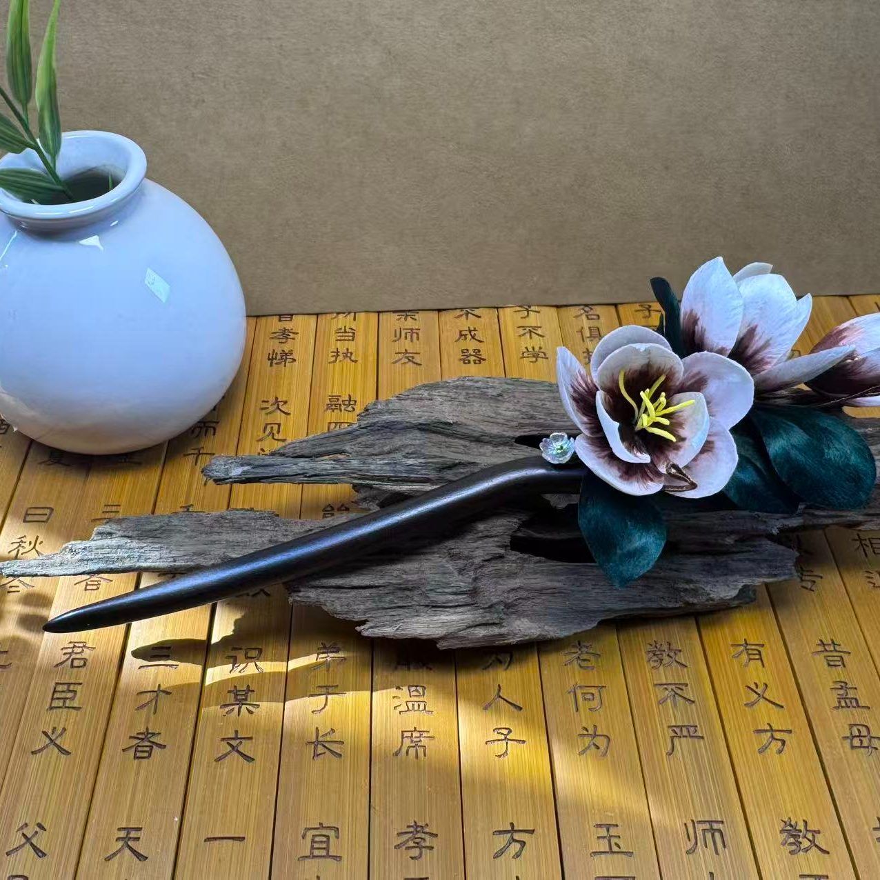 S036茶花手工非遗绒花中式古风百搭日常檀木发簪簪发