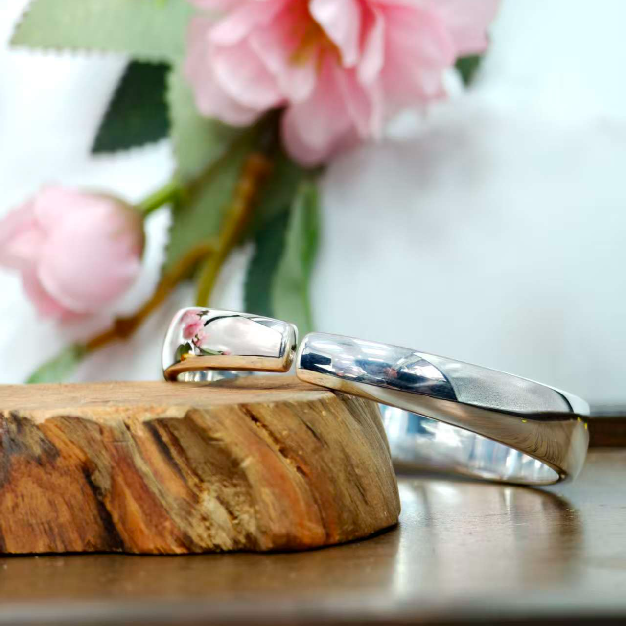 足银手镯 【铭诚银铺】原创手工足银999开口月亮镯足银手镯