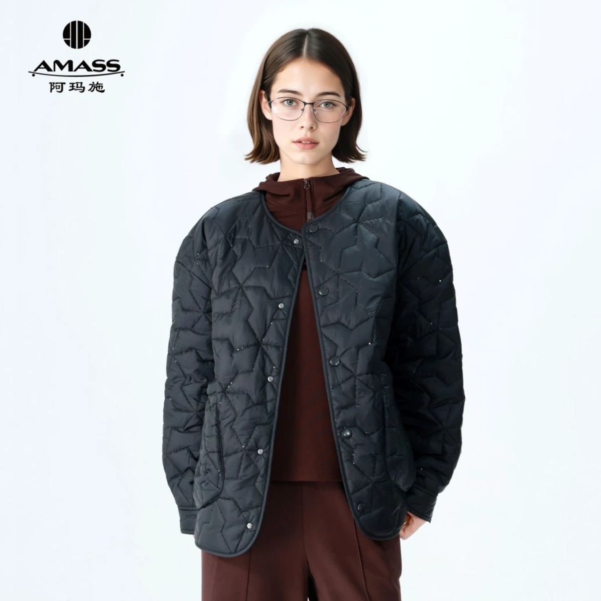 AMASS/阿玛施秋冬新款宽松百搭菱格纹休闲质感新雪丽棉服女540073