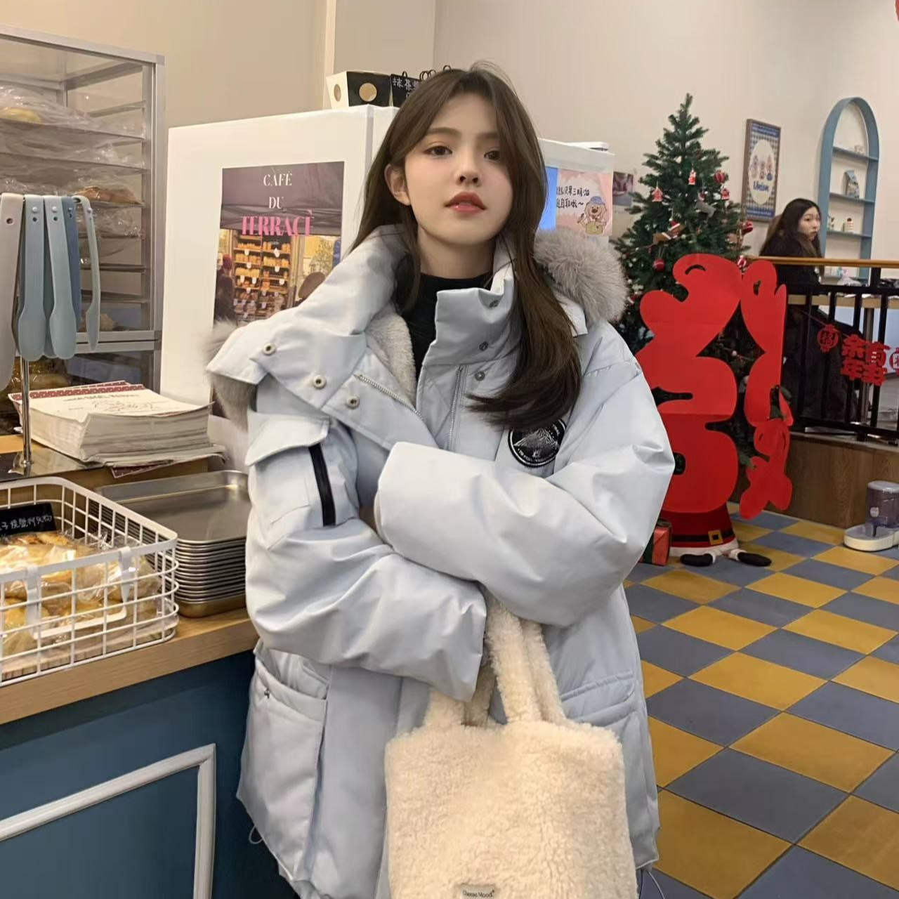韩系工装棉服女2025年新款冬季加厚小个子冰川蓝派克服棉袄外套潮