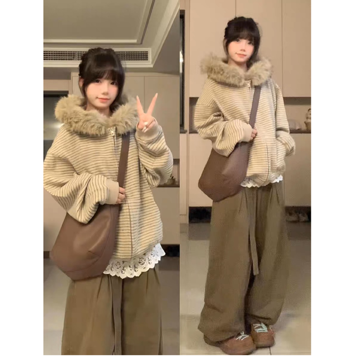 HandSeven秋季情侣美式中性风条纹连帽卫衣入秋外套女秋季外套