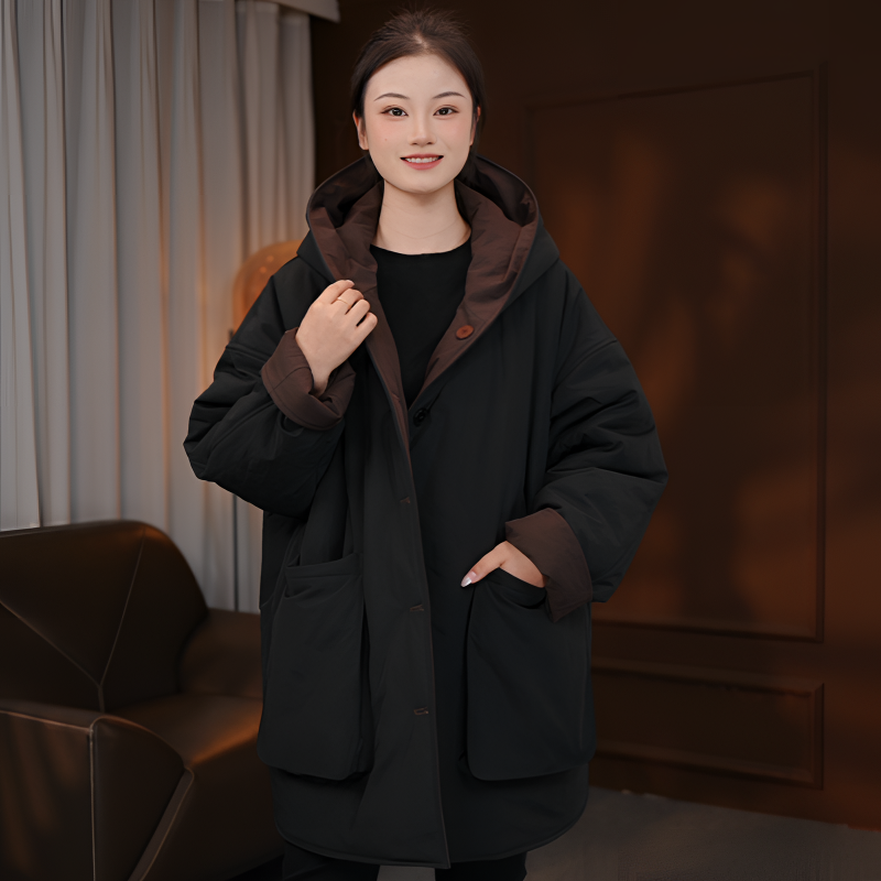 欧韩宽松大板型女冬季新款韩系连帽两面穿大口袋休闲中长款棉服