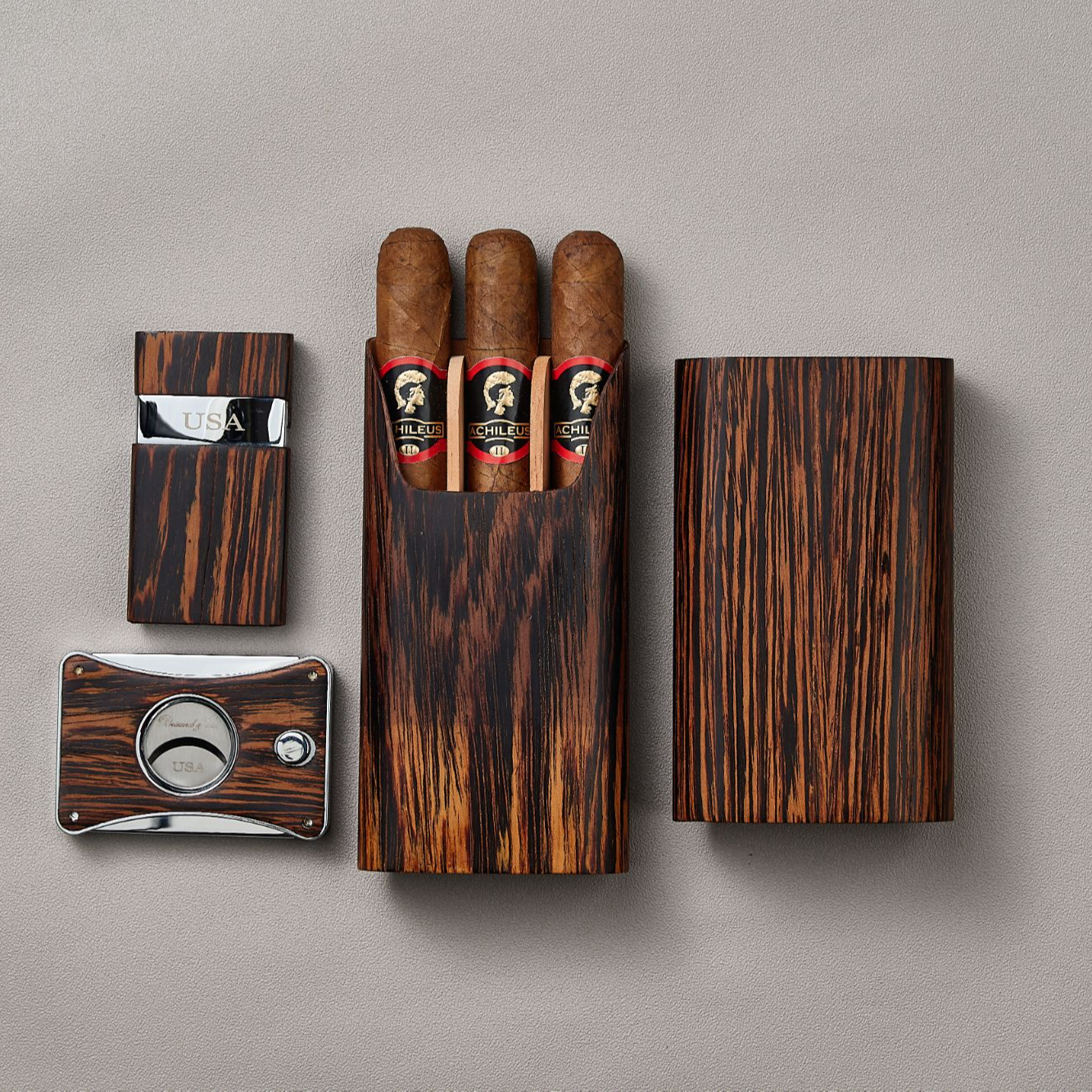 美国Brizard布瑞泽木质保护套便携式3支装雪茄剪雪茄打火机套装