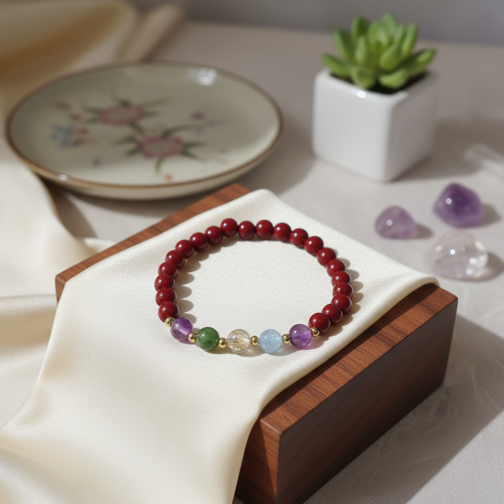 天然辰砂120503 朱砂碧玺手串 多样性发其一