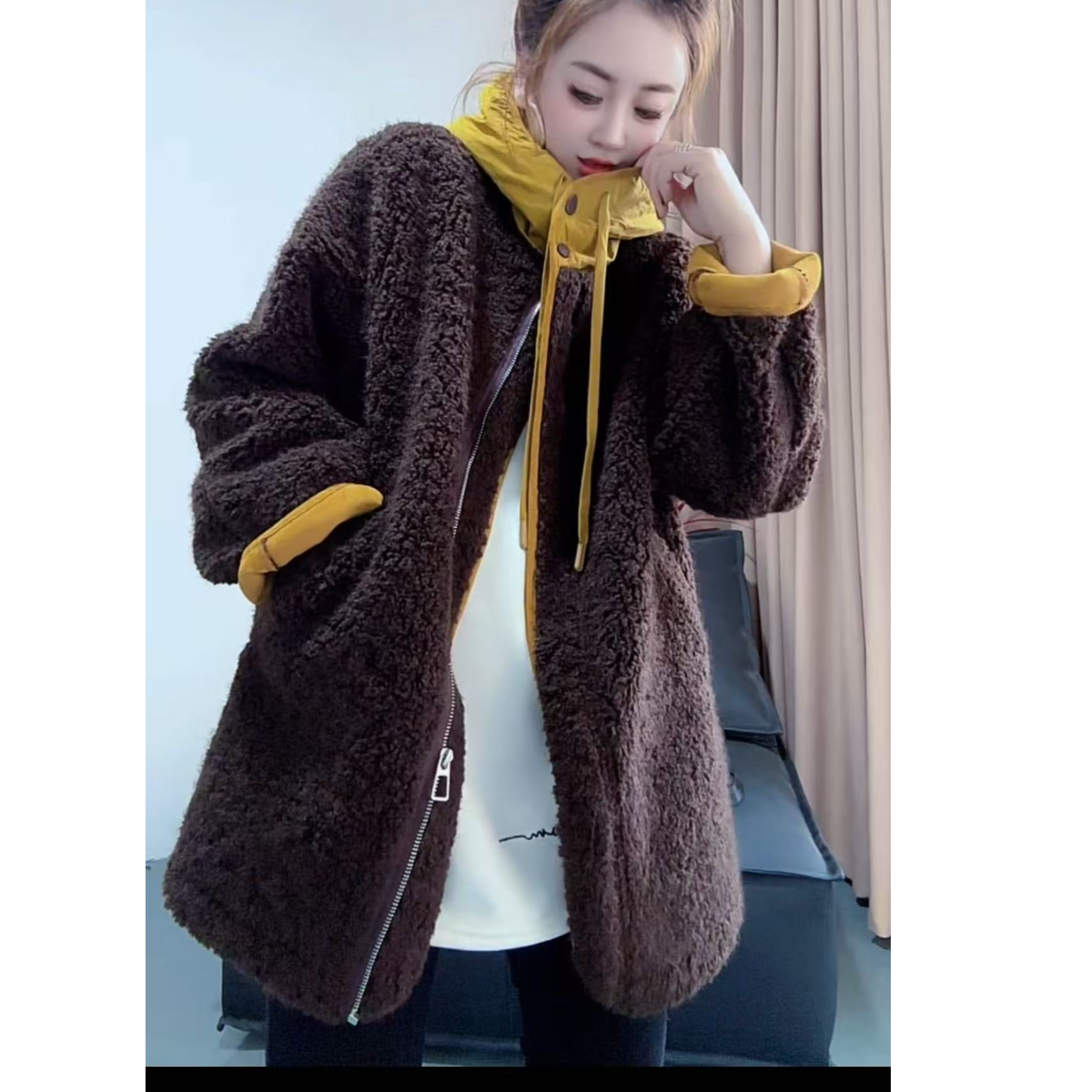 阿娟家99130时尚百搭撞色拼接爆款毛外套