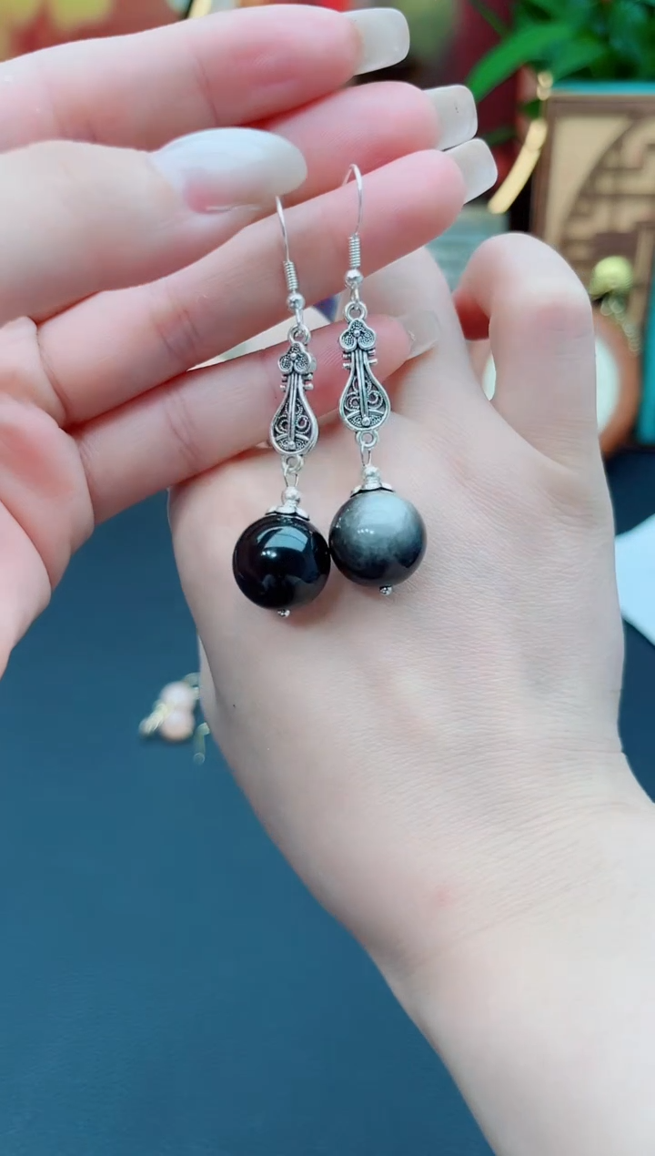 黑曜岩银S925镶嵌耳饰314000