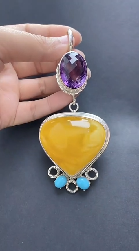 【闪购商品】琥珀裸石银S925镶嵌蜜蜡吊坠