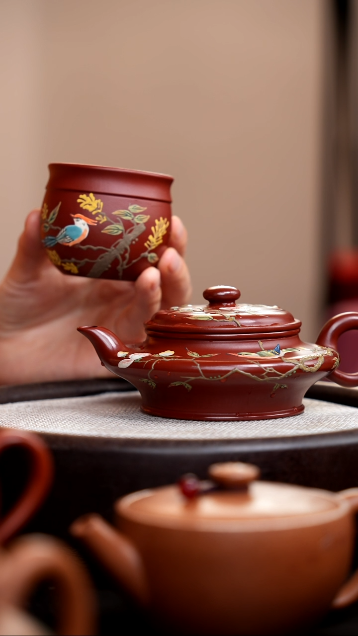 茶壶紫砂大红袍水扁泥绘花鸟+杯009