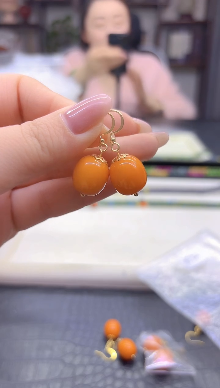 蜜蜡14K金镶嵌耳饰DIY款E72