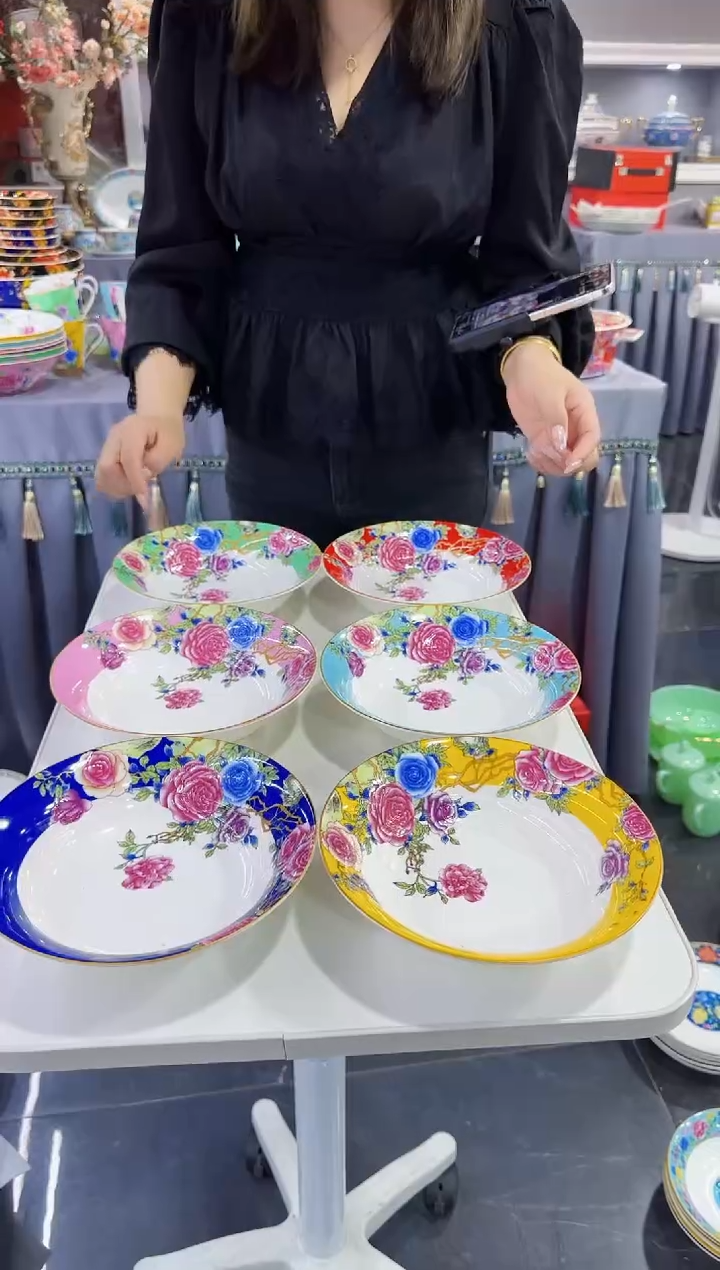 珐琅7.5英寸圆深盘6个景德镇陶瓷