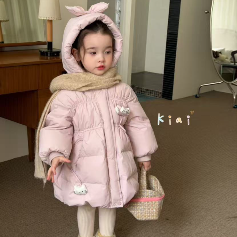2025冬款女童甜美kt卡通图案羽绒服女宝可爱中长款外套