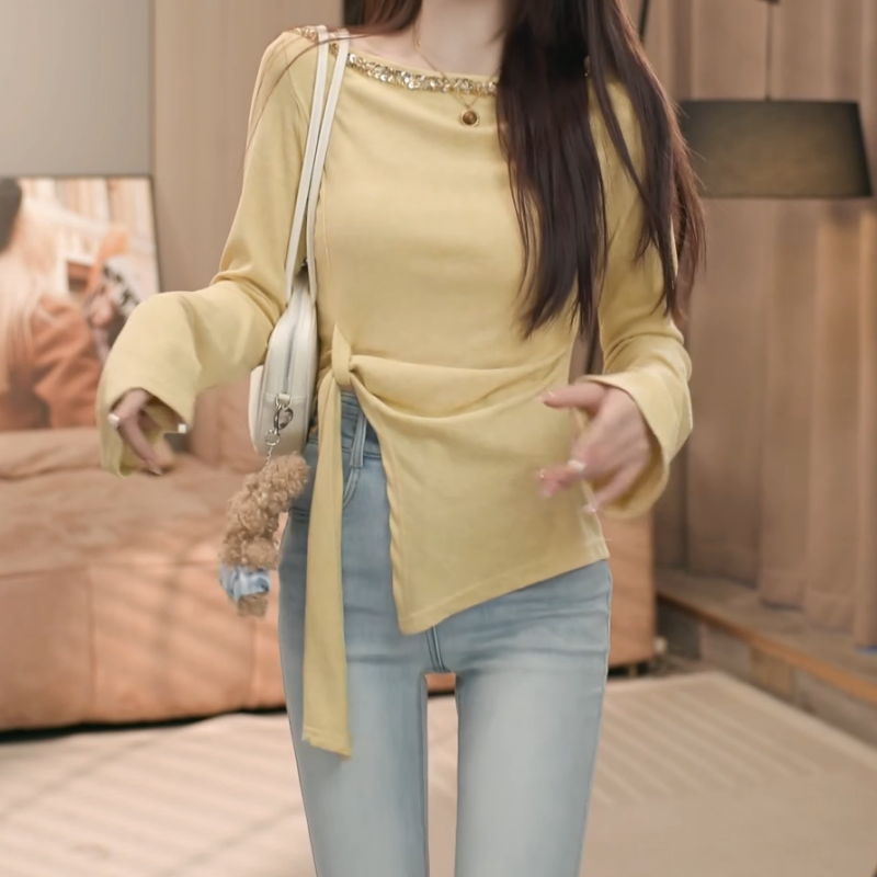 新款长袖打底衫烫钻修身不规则纯欲风T恤女LK2501938