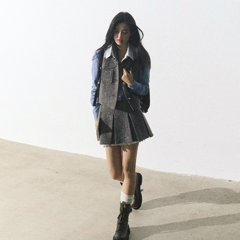 OAKMOO/ "信中花朵"学院风毛呢套装女秋冬圆领马甲百褶半裙两件套