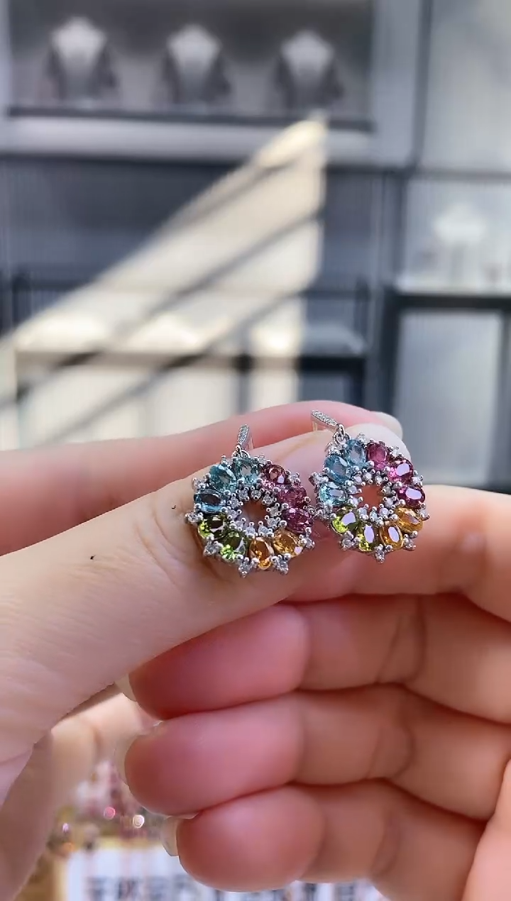 银S925镶嵌耳钉碧玺345354354354345