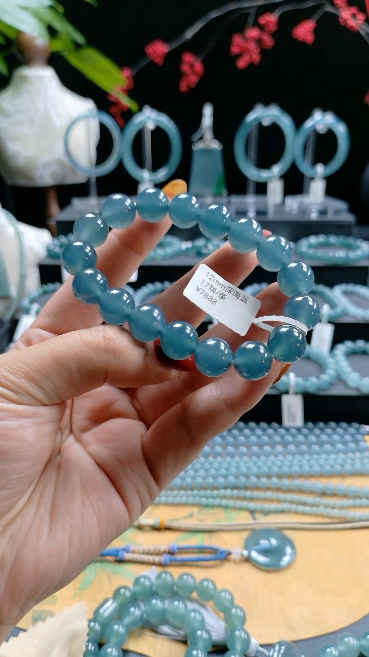 未镶嵌手串翡翠小****琴12.5mm冰种深海蓝手串