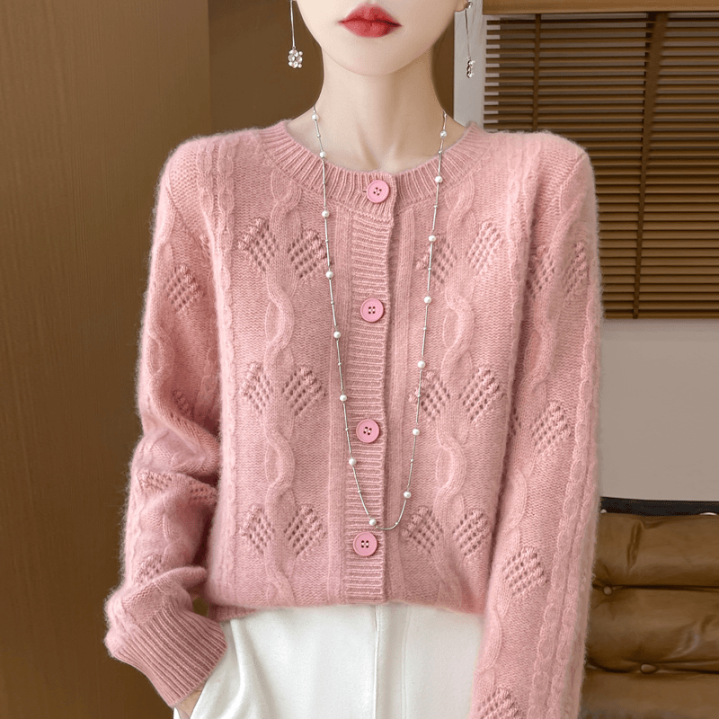 重磅加厚~2024秋冬新款100%纯羊毛开衫女圆领镂空外套 DMR-332