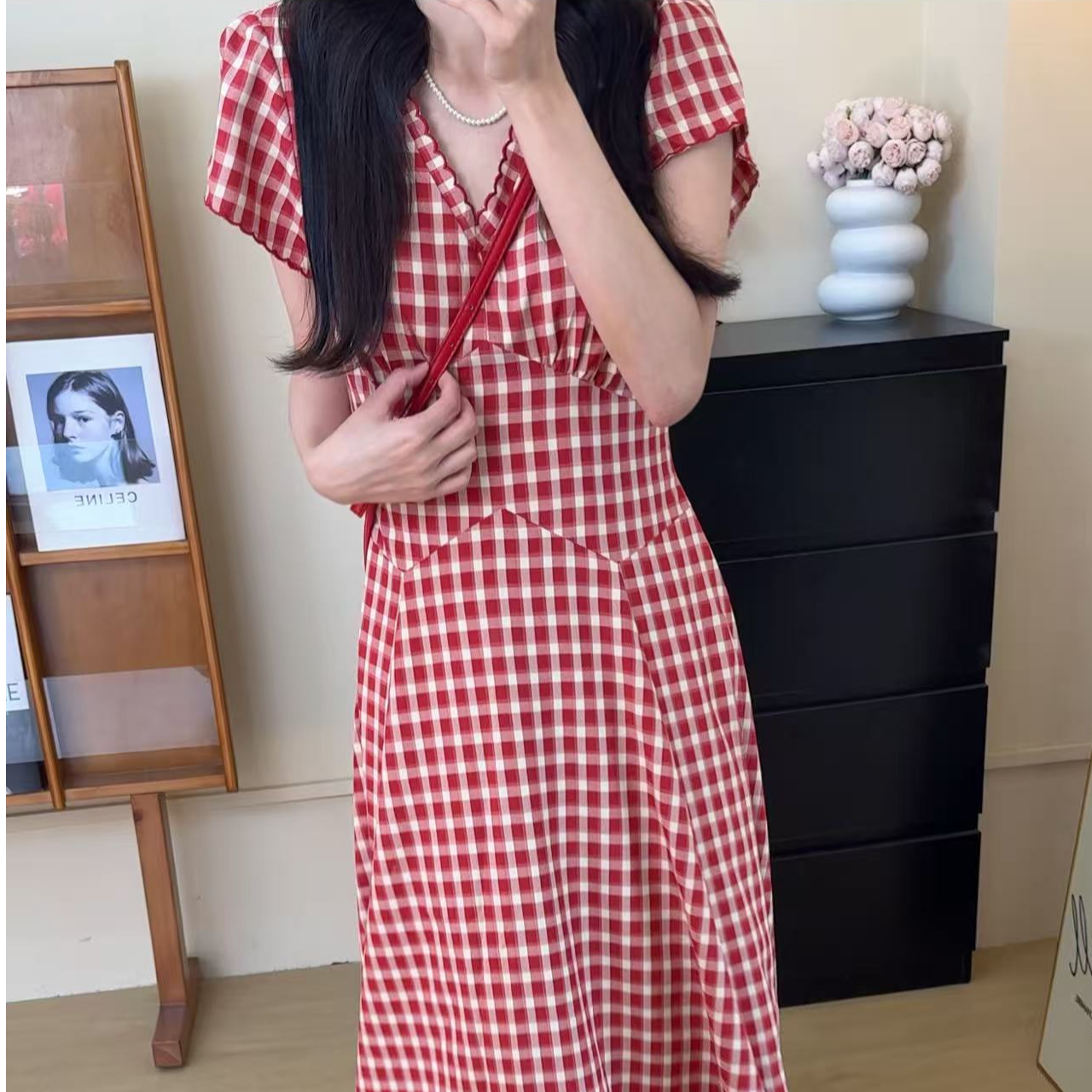 8310#山茶红格V领时尚格纹连衣裙小清新韩版长裙