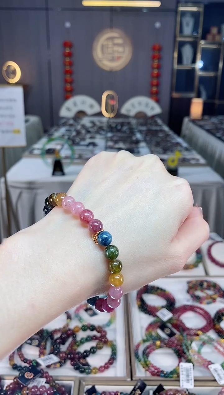 未镶嵌老矿碧玺色标彩虹单圈手串7mm+碧玺dan多样性发货一条