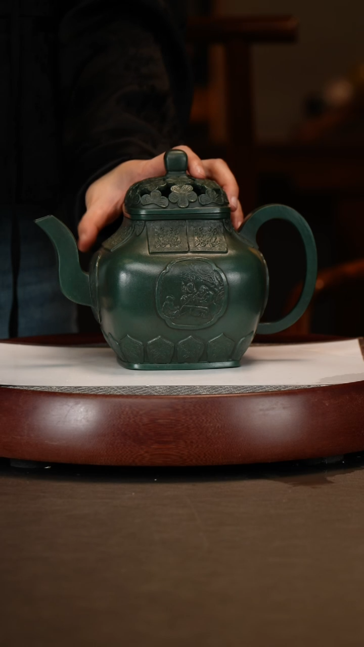 【闪购商品】紫砂茶壶老墨绿花开富贵1000c+醒茶罐