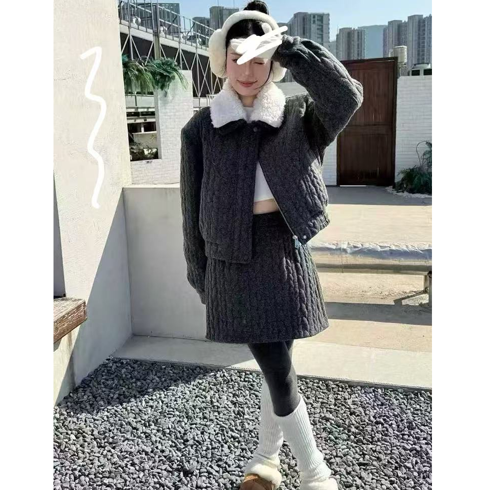 棉服外套+半身裙两件套女2025冬季配短裙螺纹羊羔毛毛呢套装