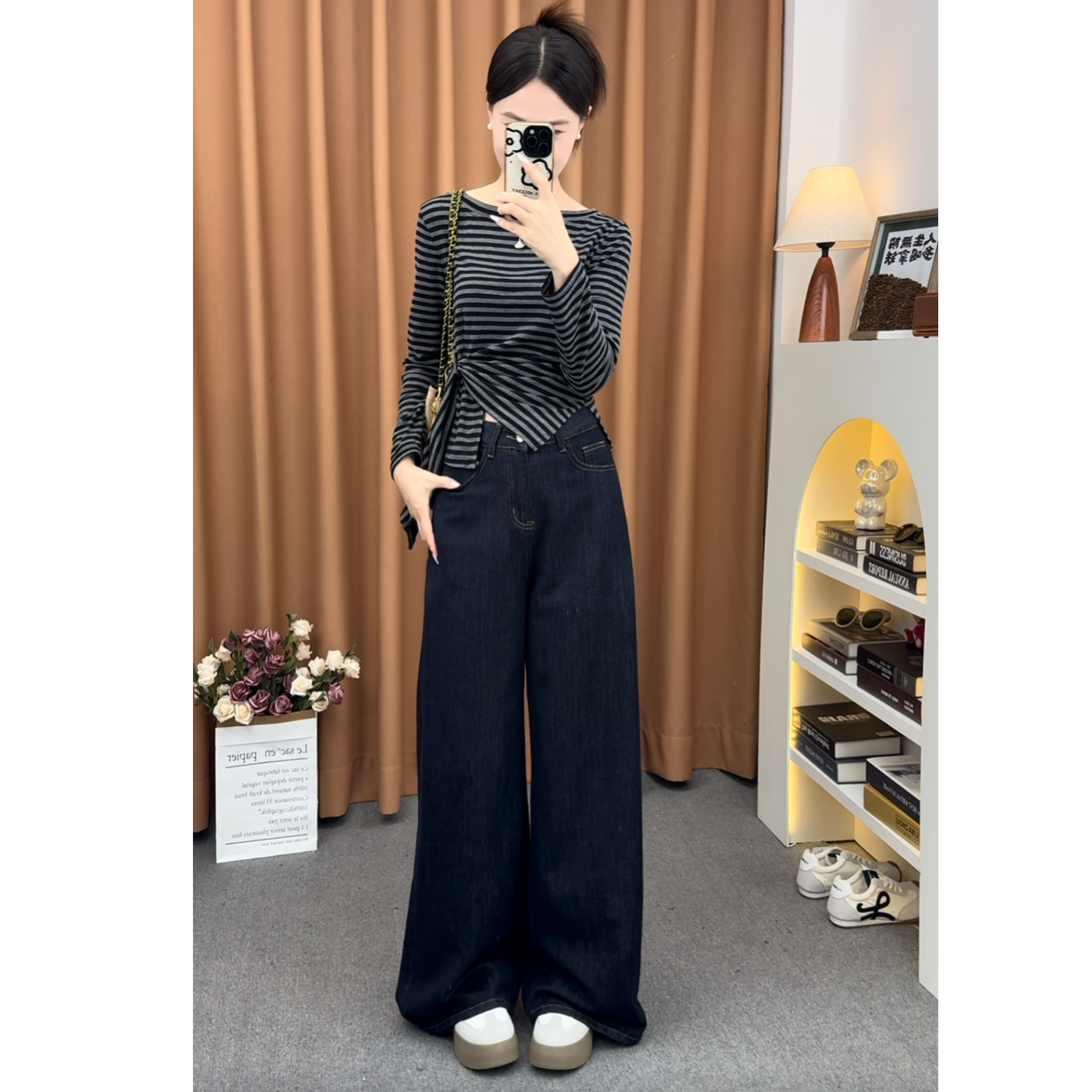 秋冬爆款防褪色丹宁牛仔美式复古高腰宽松百搭显瘦阔腿拖地裤子女