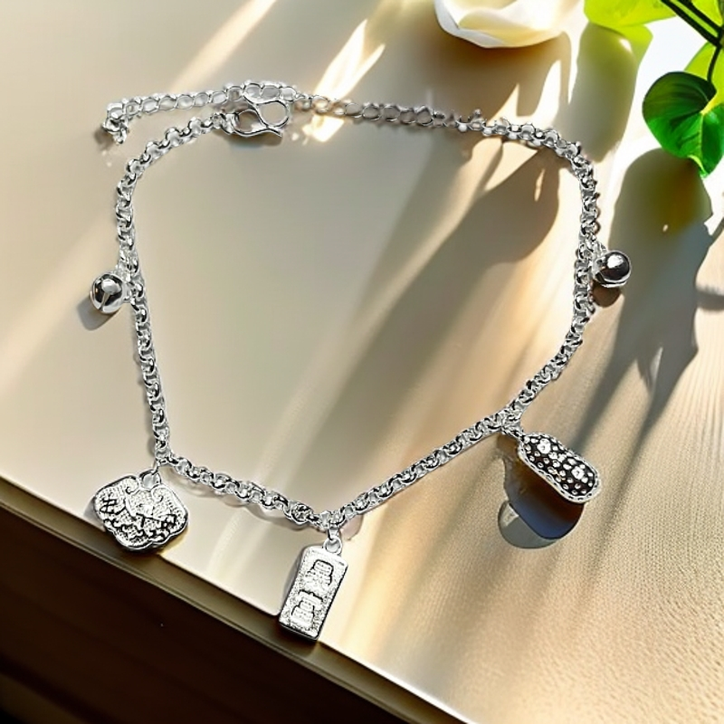 足银脚链 好事发生福袋铃铛设计脚链