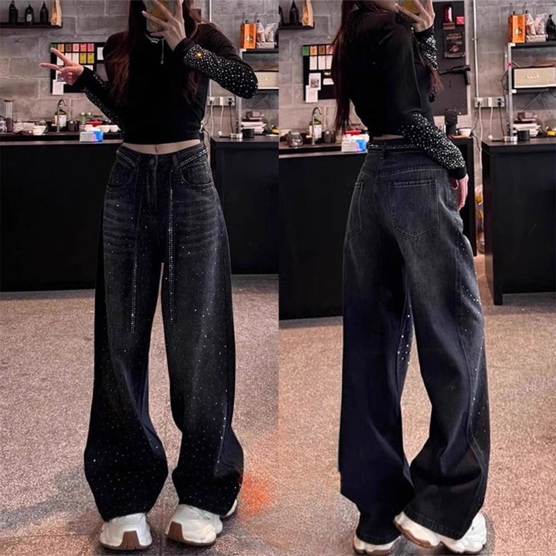特大码重工烫钻满天星直筒牛仔裤女胖mm宽松显瘦小众设计感阔腿裤