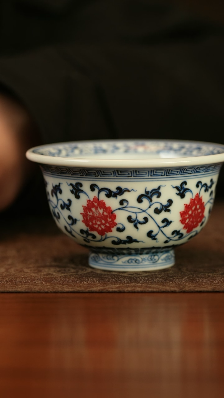 【闪购商品】林泉风月青花釉里红缠枝莲压手杯