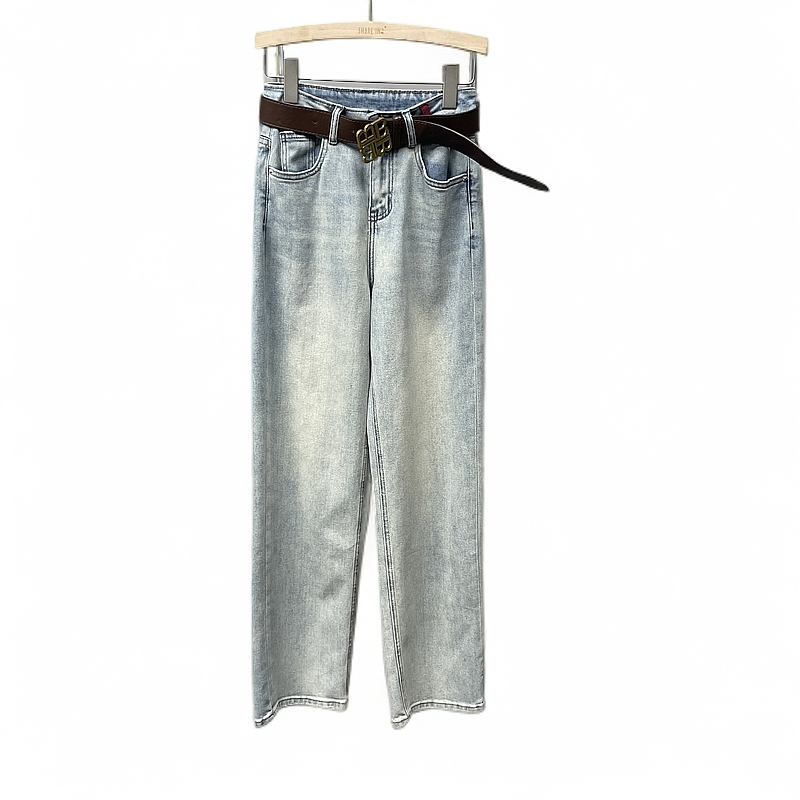 【水映】秋款复古牛仔裤辣妹带皮带阔腿裤直筒裤 k1503 XL102